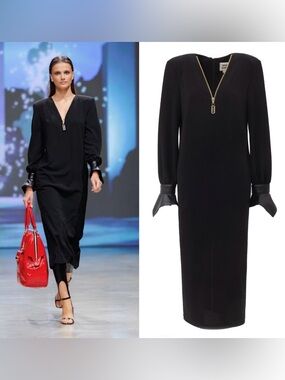 Black Long-Sleeve Midi Dress with Zip Neck